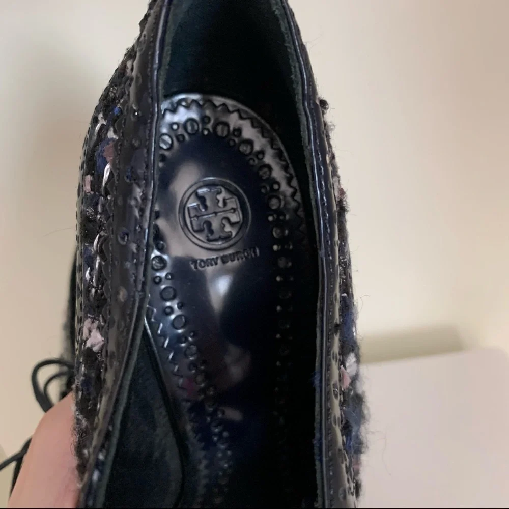 Tory Burch tweed tassel lace up oxford heels